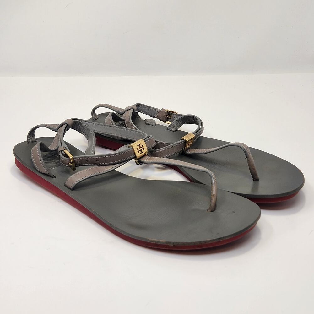 Tory Burch Women Gray Leather T Strap Thong Sandal Size 7.5M Gold Tone Logo